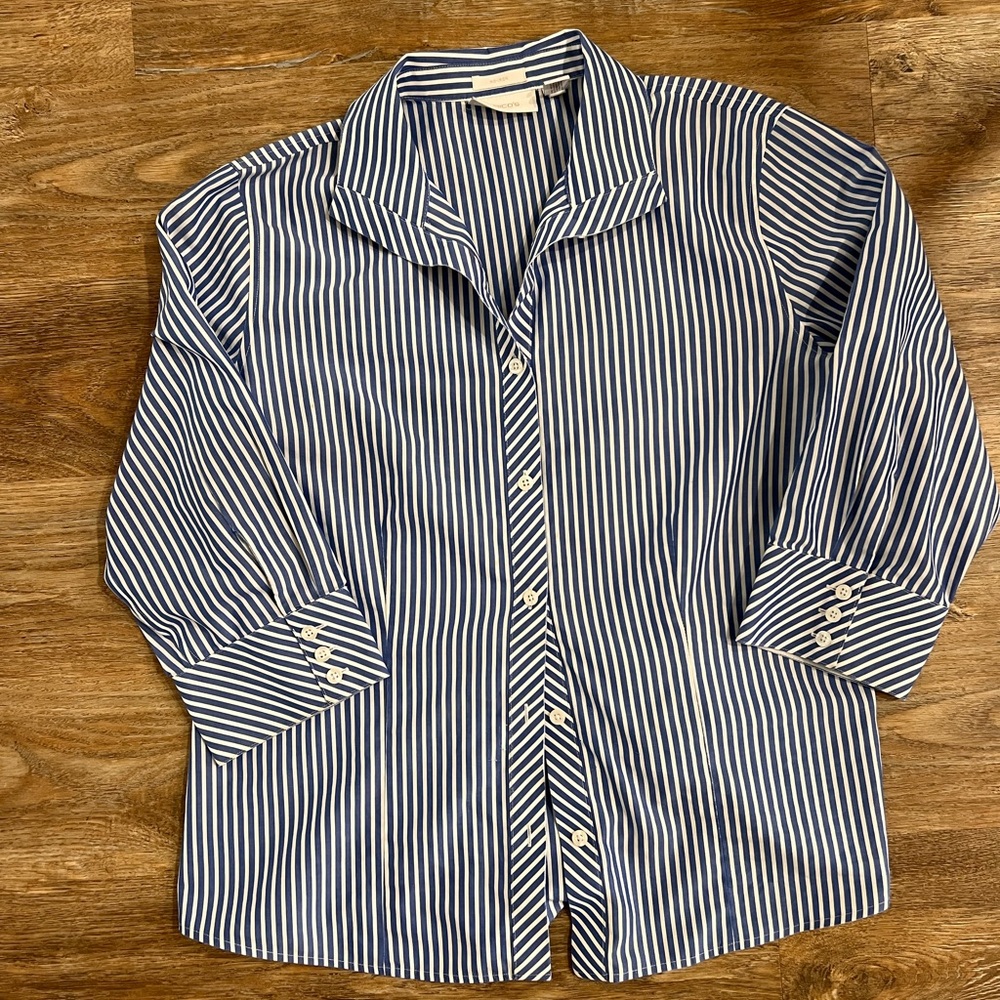 Chico's Navy and White Striped Button Down Shirt